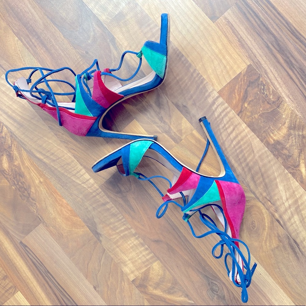 Stuart Weitzman Suede Colorblock Pattern Gladiator Sandals